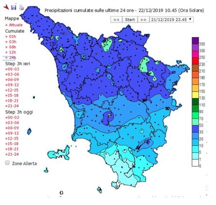 livelli pluviometrici in Toscana 22/12/19 ore 10.40